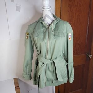 Vntg Womans Montgomery Ward Short Trench Style Zip Front Jacket 2 Patches 13/14